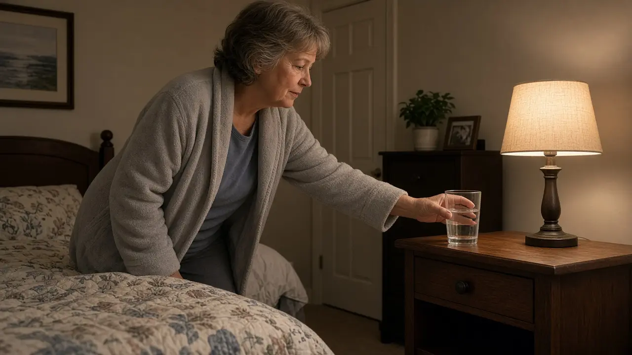A woman about 62 sets a plain glass of water on a nightstand.