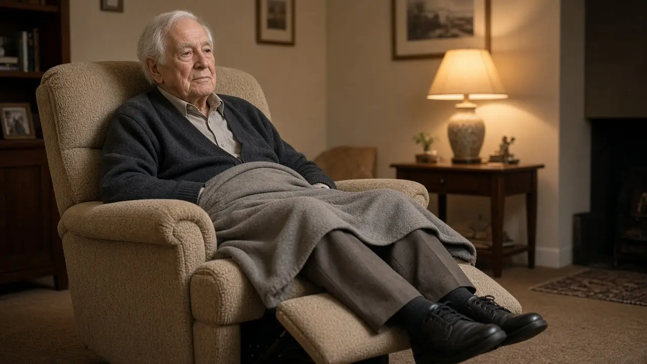 A man about 76 sits in a recliner with a solid throw blanket.