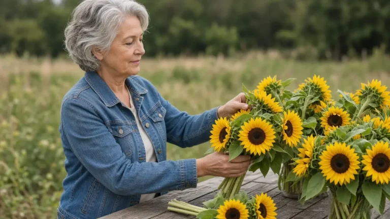 A woman about 69 chooses sunflowers at an outdoor farm table.