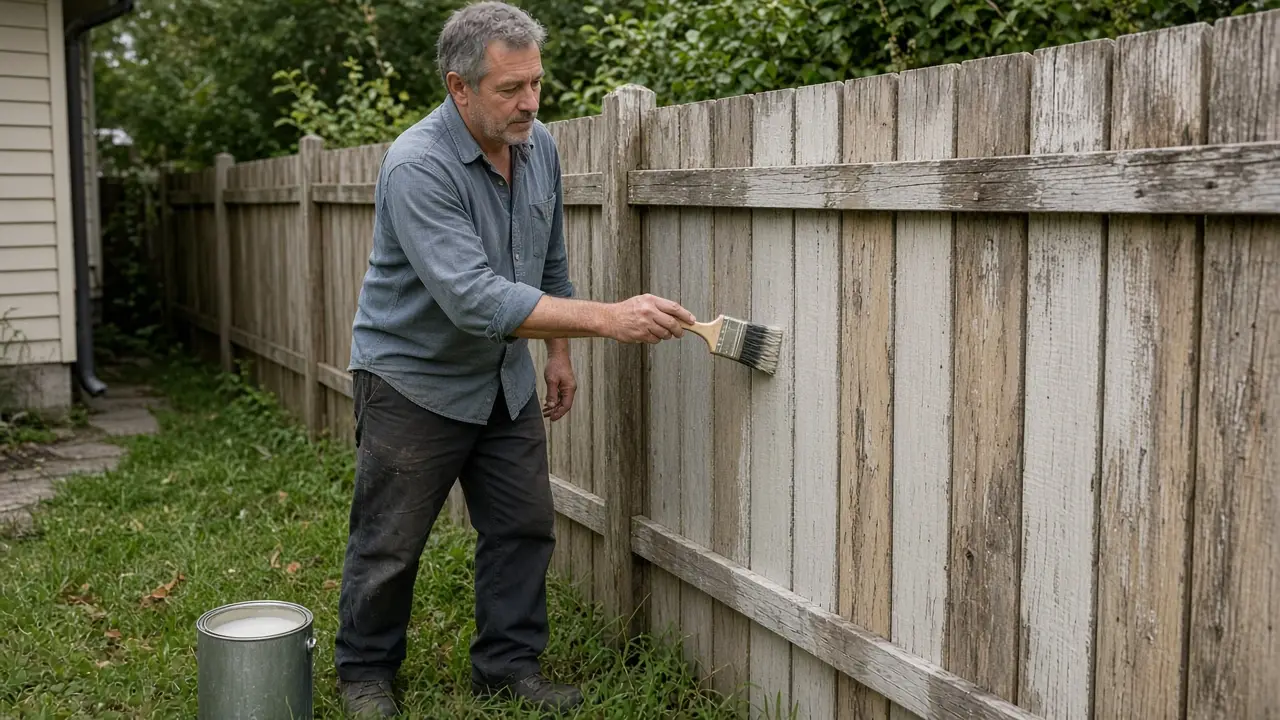 A man about 58 paints a wooden side-yard fence.
