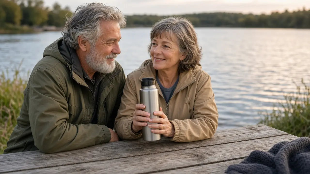 A couple in their mid-sixties sits at a picnic table beside a lake.