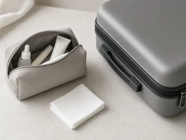 Toiletry pouch and folded pad beside a suitcase