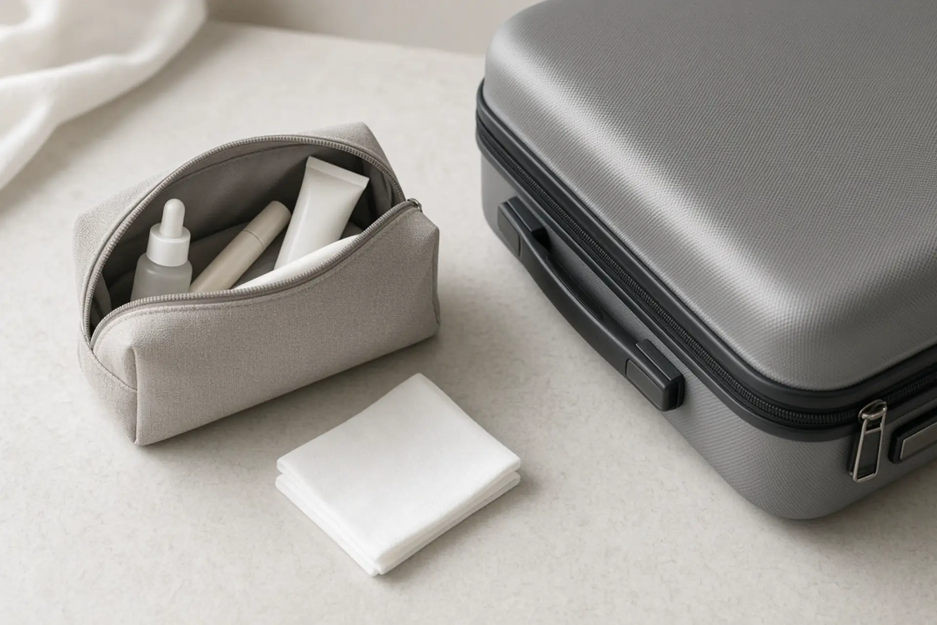 Toiletry pouch and folded pad beside a suitcase