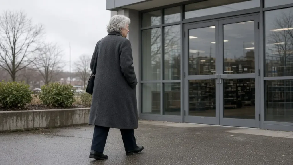 A woman about 70 walks toward a small grocery entrance.