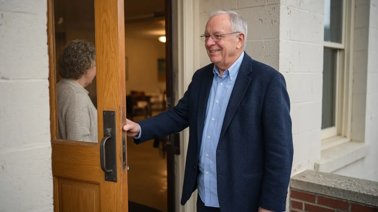 A man about 69 holds a community-hall door open.