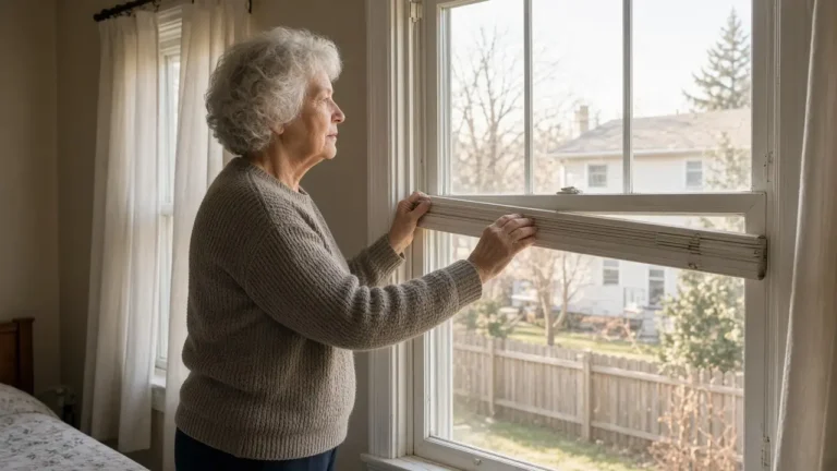 A woman about 70 opens a bedroom window in the morning.