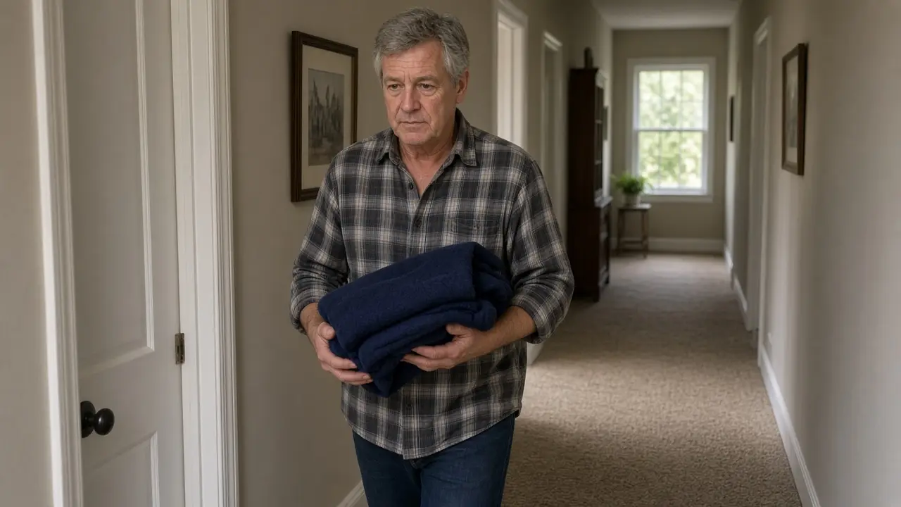 A man about 64 carries a folded solid blanket down a hallway.