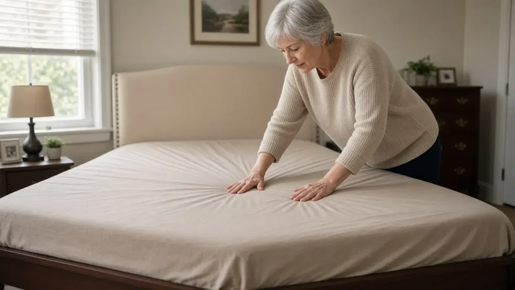 A woman about 67 smooths a plain sheet on a bed.