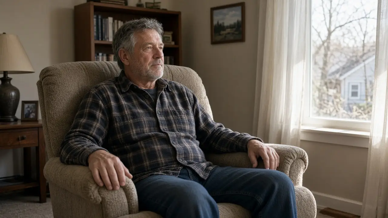 A man about 60 sits in a recliner looking toward a window.