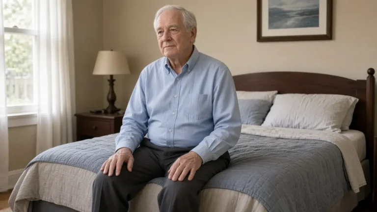 A man about 71 sits on the edge of a made bed in the morning.