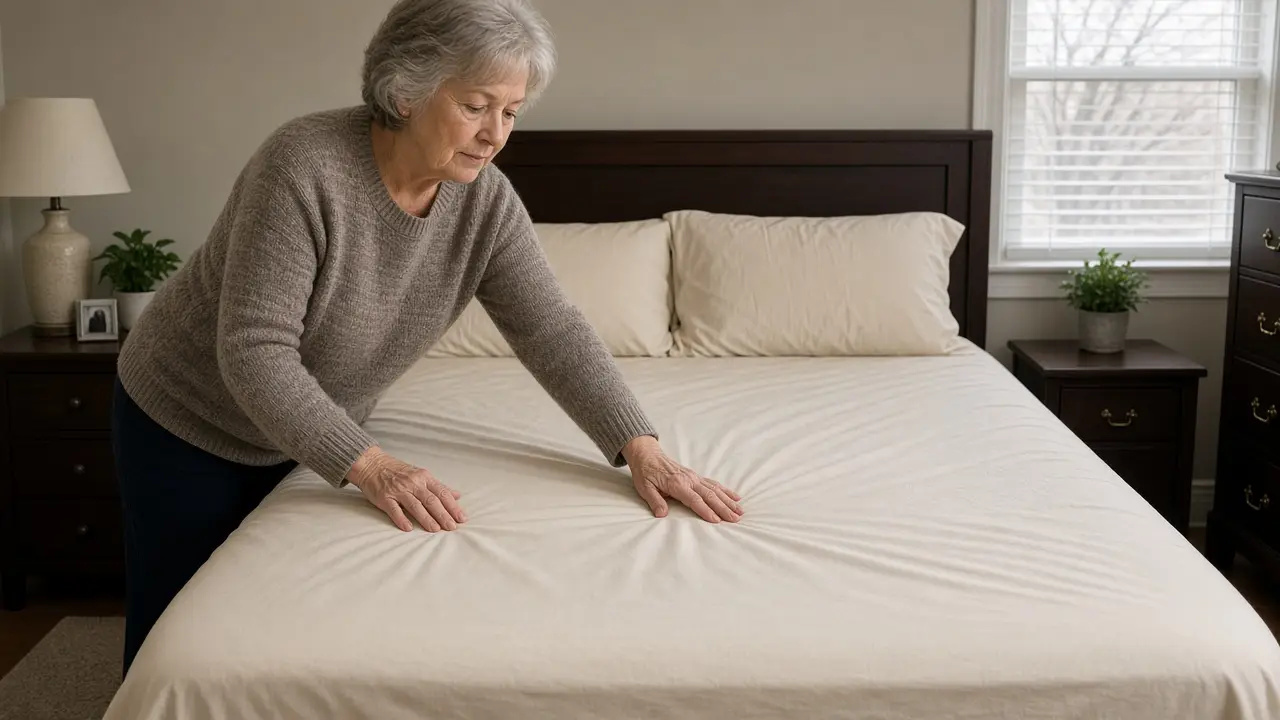 A woman about 66 smooths a plain cotton sheet on a double bed.