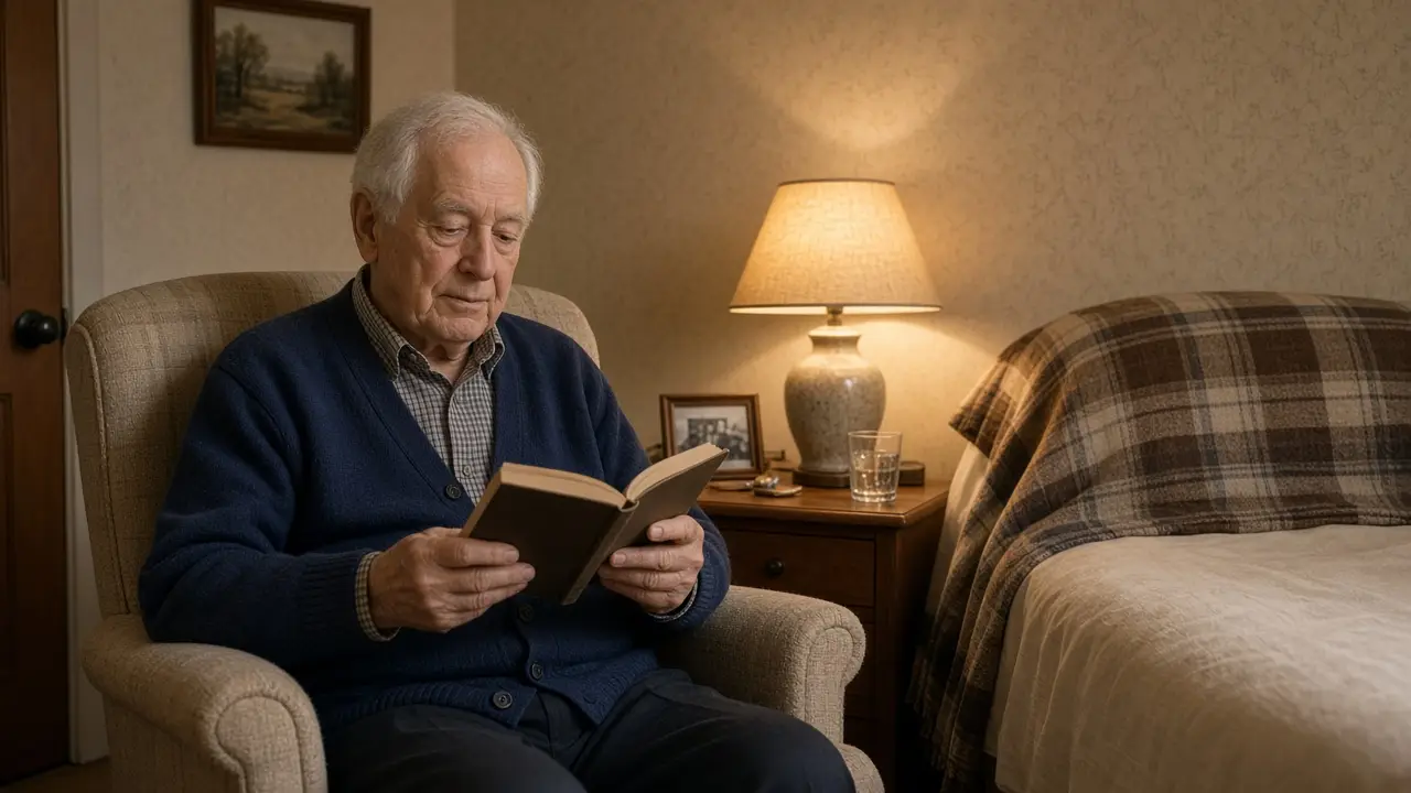 A man about 78 reads in an armchair beside a bed.