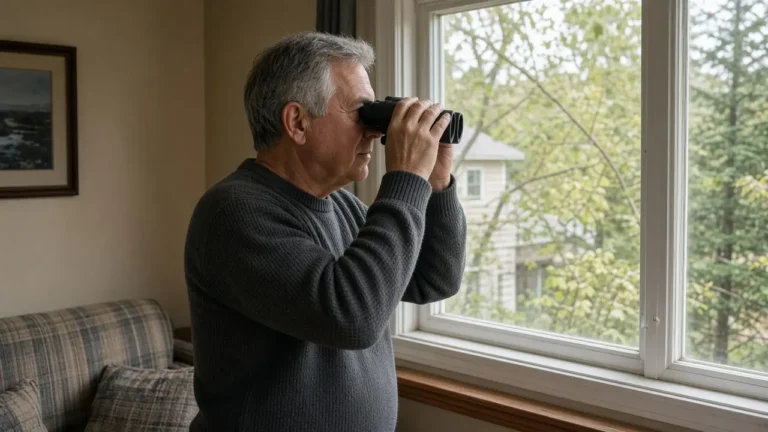 A man about 64 looks through binoculars from a living-room window.