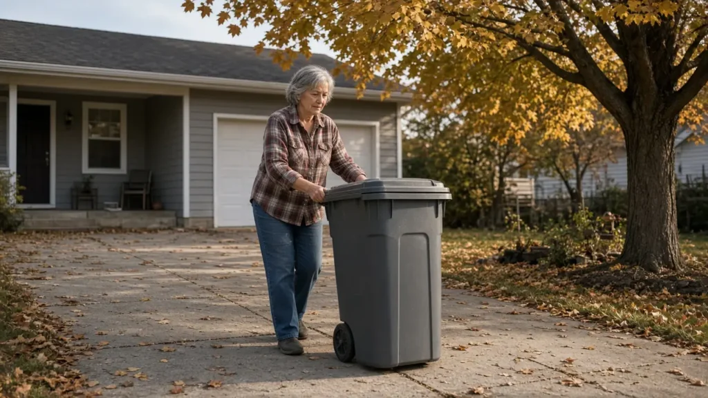 A woman about 64 rolls a trash bin down a driveway.