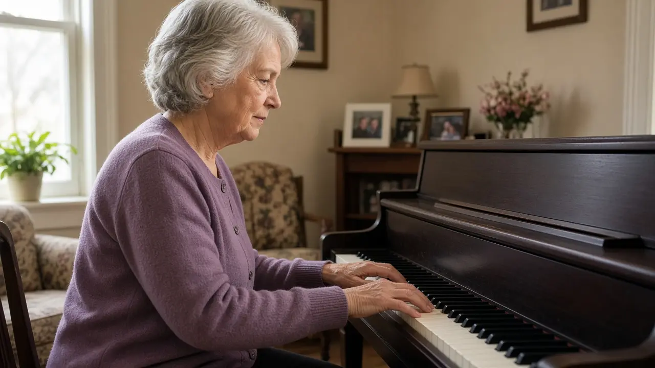 A woman about 69 sits at a piano in a living room.