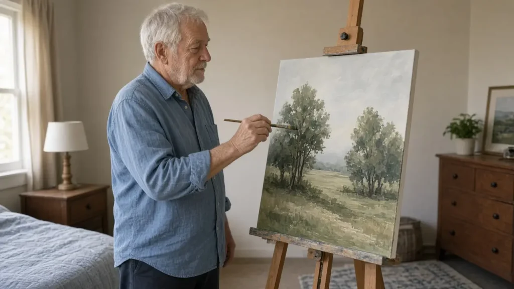 A man about 72 paints trees on a canvas in a spare room.