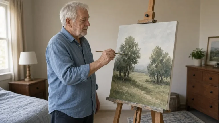 A man about 72 paints trees on a canvas in a spare room.