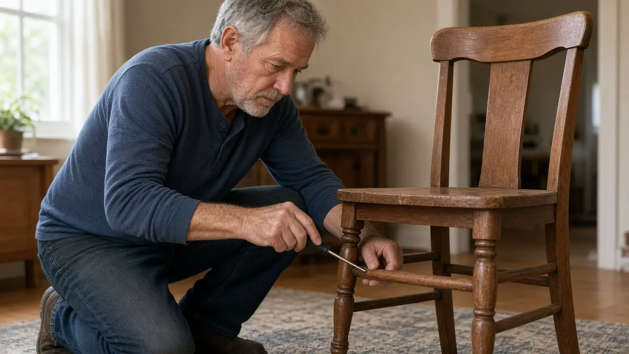 A man about 65 tightens a wooden chair rung with a screwdriver.