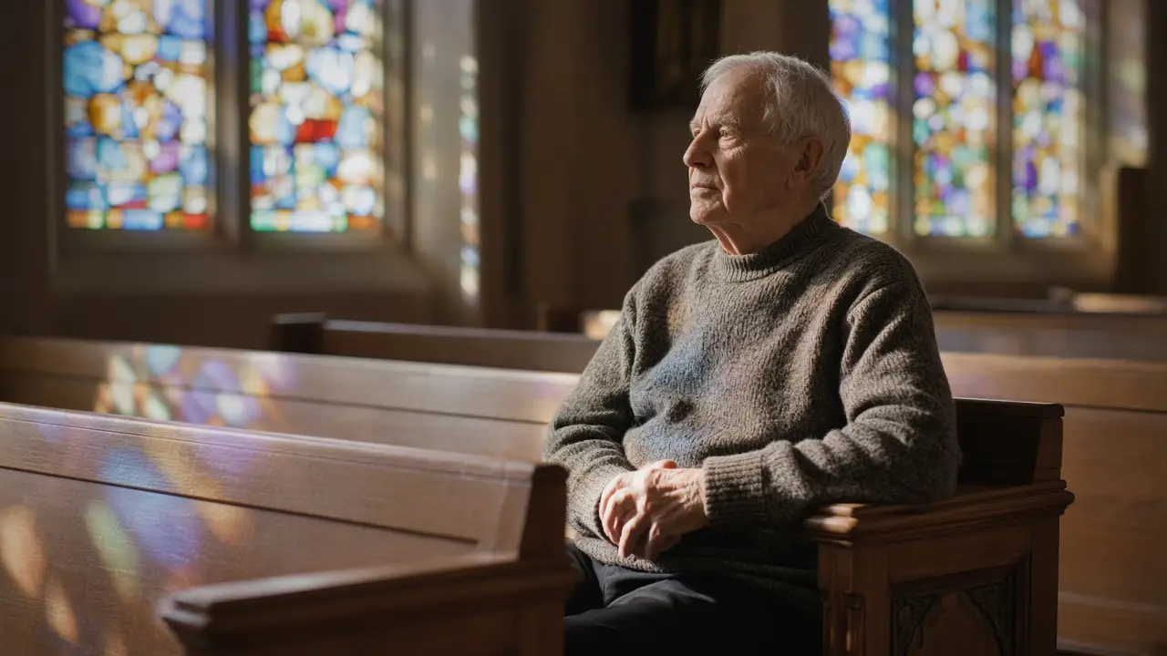 A man about 78 sits in a church pew with his hands folded.
