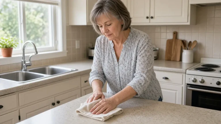 A woman about 66 wipes a kitchen counter.