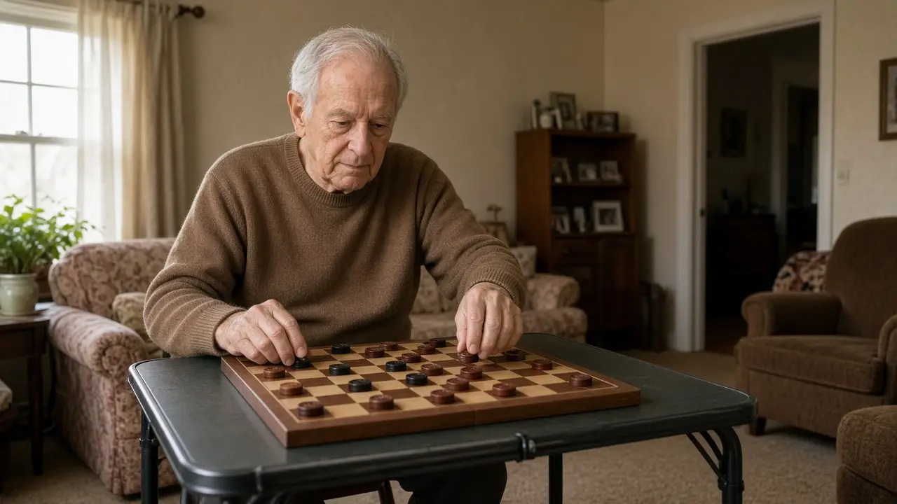 A man about 75 plays checkers at a card table.