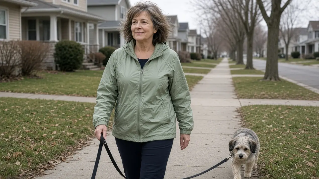 A woman about 59 walks a small dog on a sidewalk.