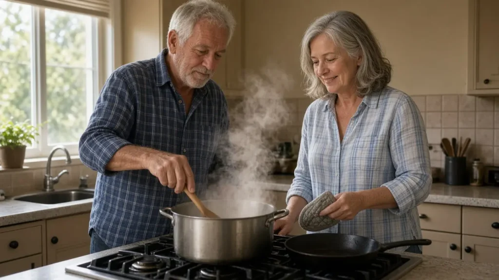A man about sixty-six and a woman about sixty-four cook together at a home stove.