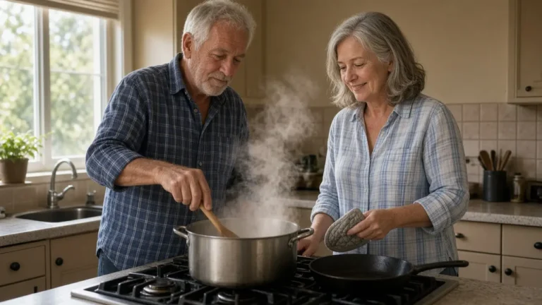 A man about sixty-six and a woman about sixty-four cook together at a home stove.