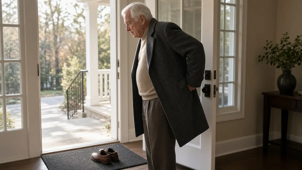 A man about seventy-two puts on a coat by a front door.