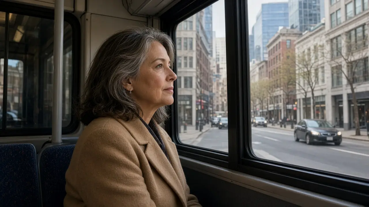 A woman about fifty-nine looks out the window of a city bus.