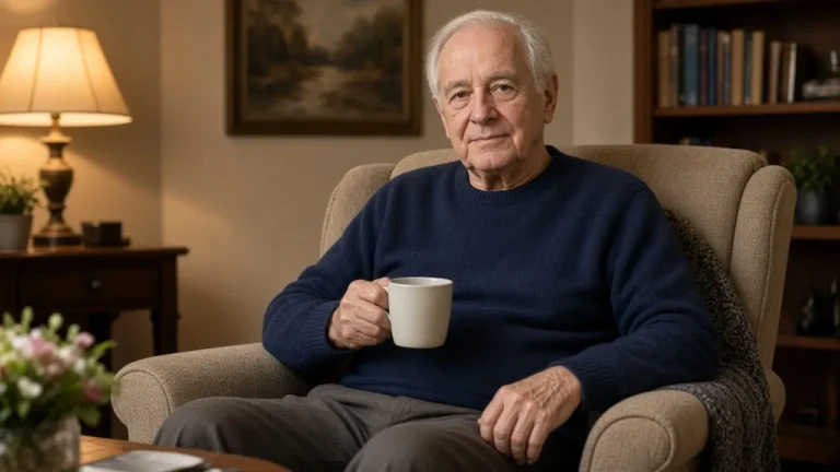 A man about seventy-five sits in an armchair with a plain mug.