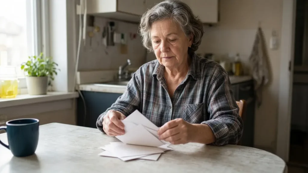 A woman about 68 sorts mail at a kitchen table.