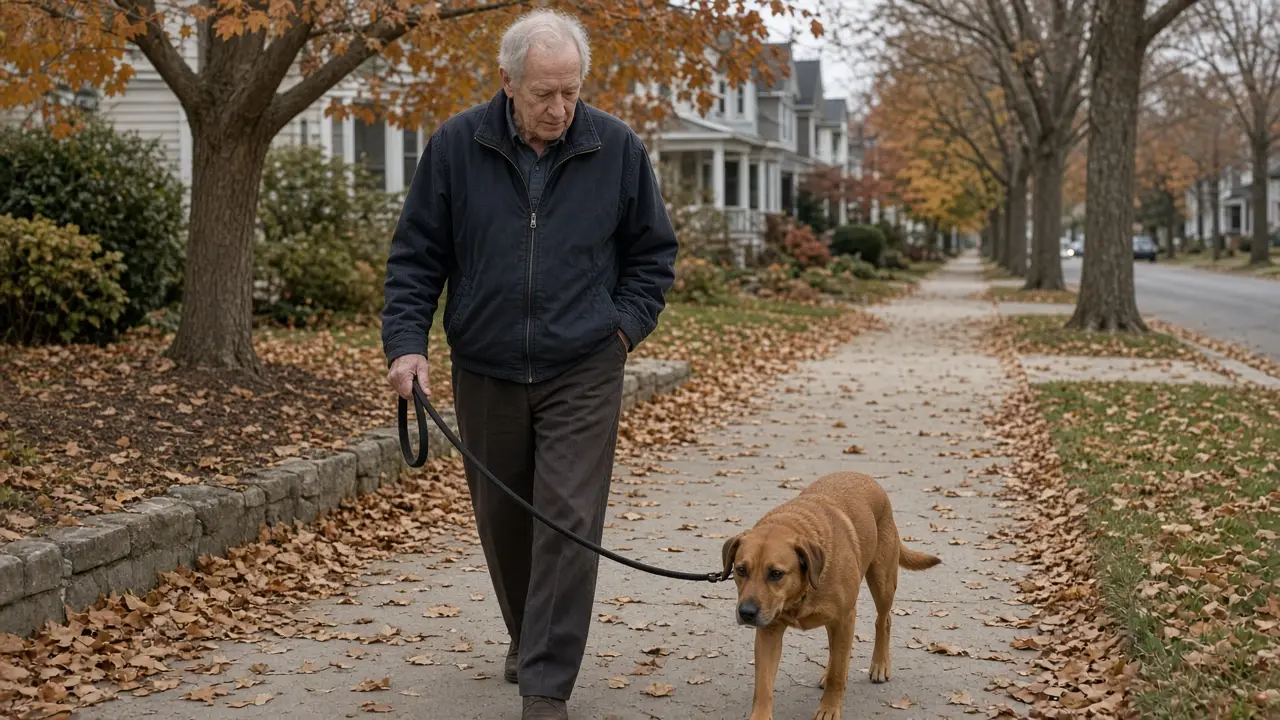 A man about 71 walks a dog along a sidewalk.