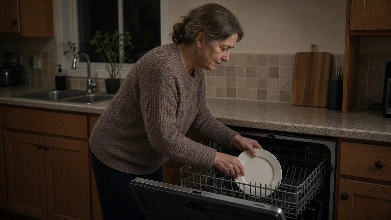 A woman about 59 loads a dishwasher in a small kitchen.