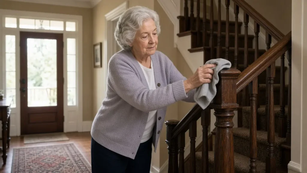A woman about 70 wipes a wooden stair rail with a plain cloth in a front hall.