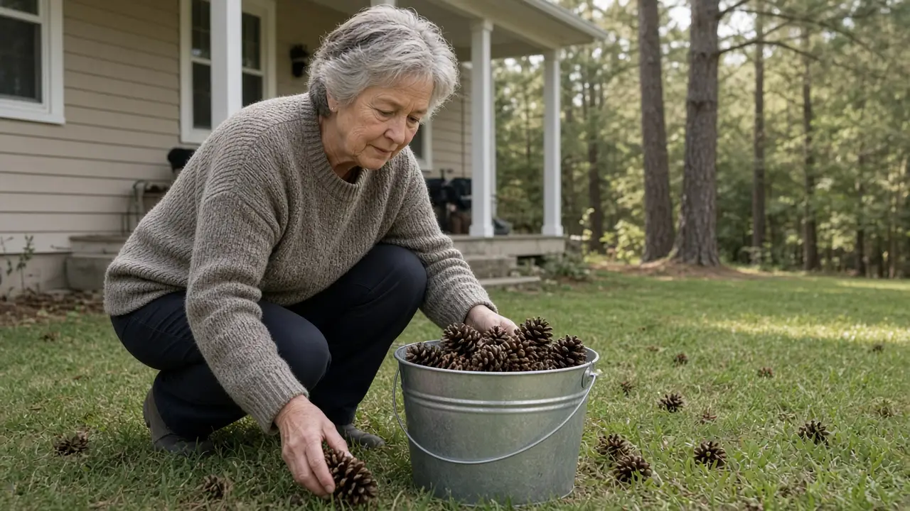 A woman about 63 gathers pinecones into a plain bucket in a front yard.