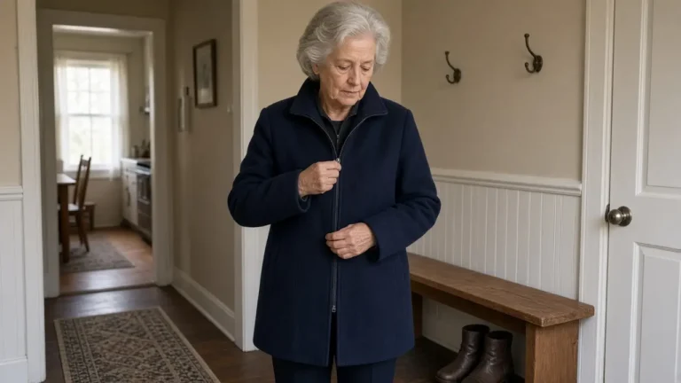 A woman about 70 zips a plain coat in a mudroom.