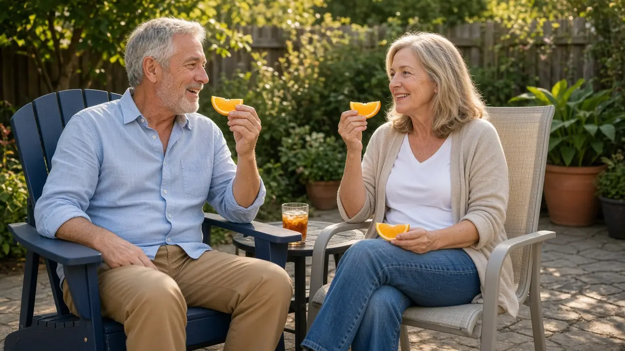 A couple in their mid-sixties sit on patio chairs sharing orange slices.