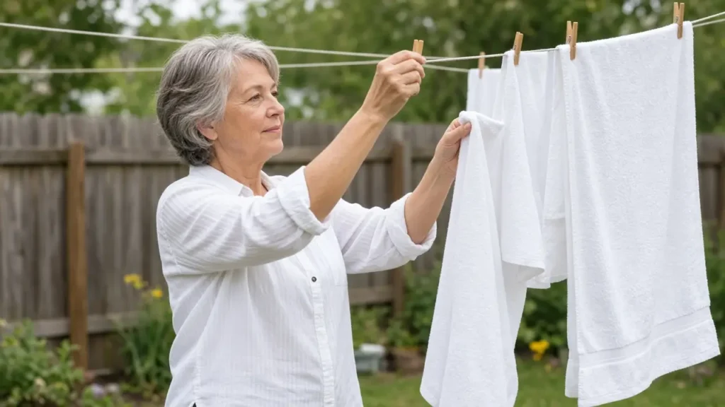 A woman in her mid-sixties hangs plain towels on a backyard clothesline.
