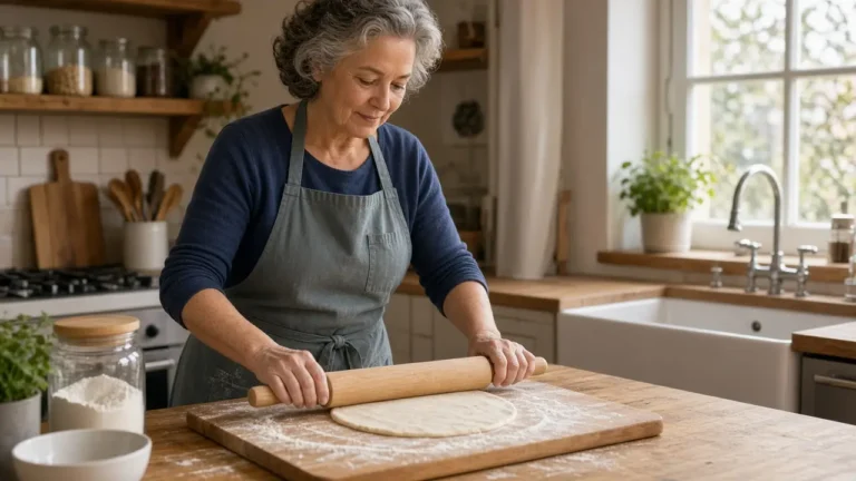 A woman about sixty rolls dough on a floured board in a home kitchen.