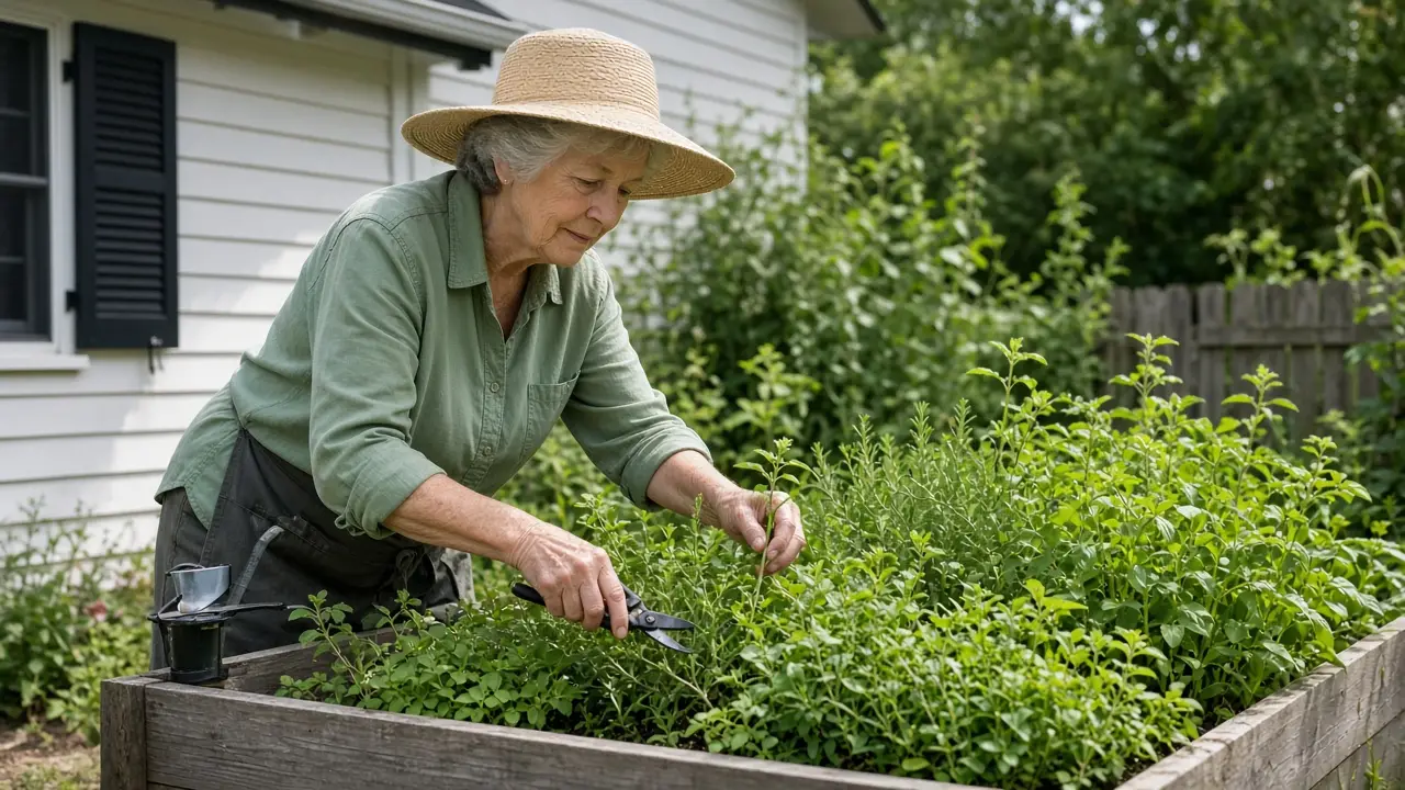 A woman in her mid-seventies clips herbs in a raised garden bed.