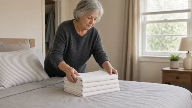 A woman about sixty-six folds towels on a bed in a small bedroom.