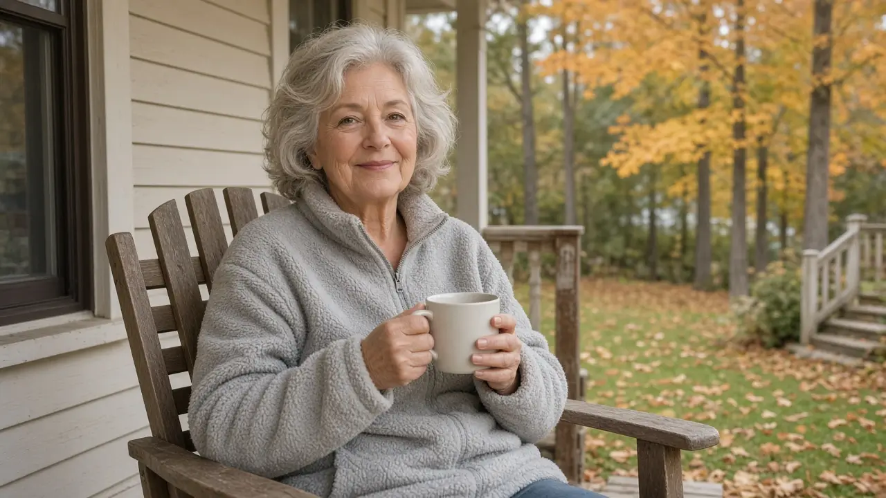 A woman about seventy-two sits on a porch holding a plain coffee mug.