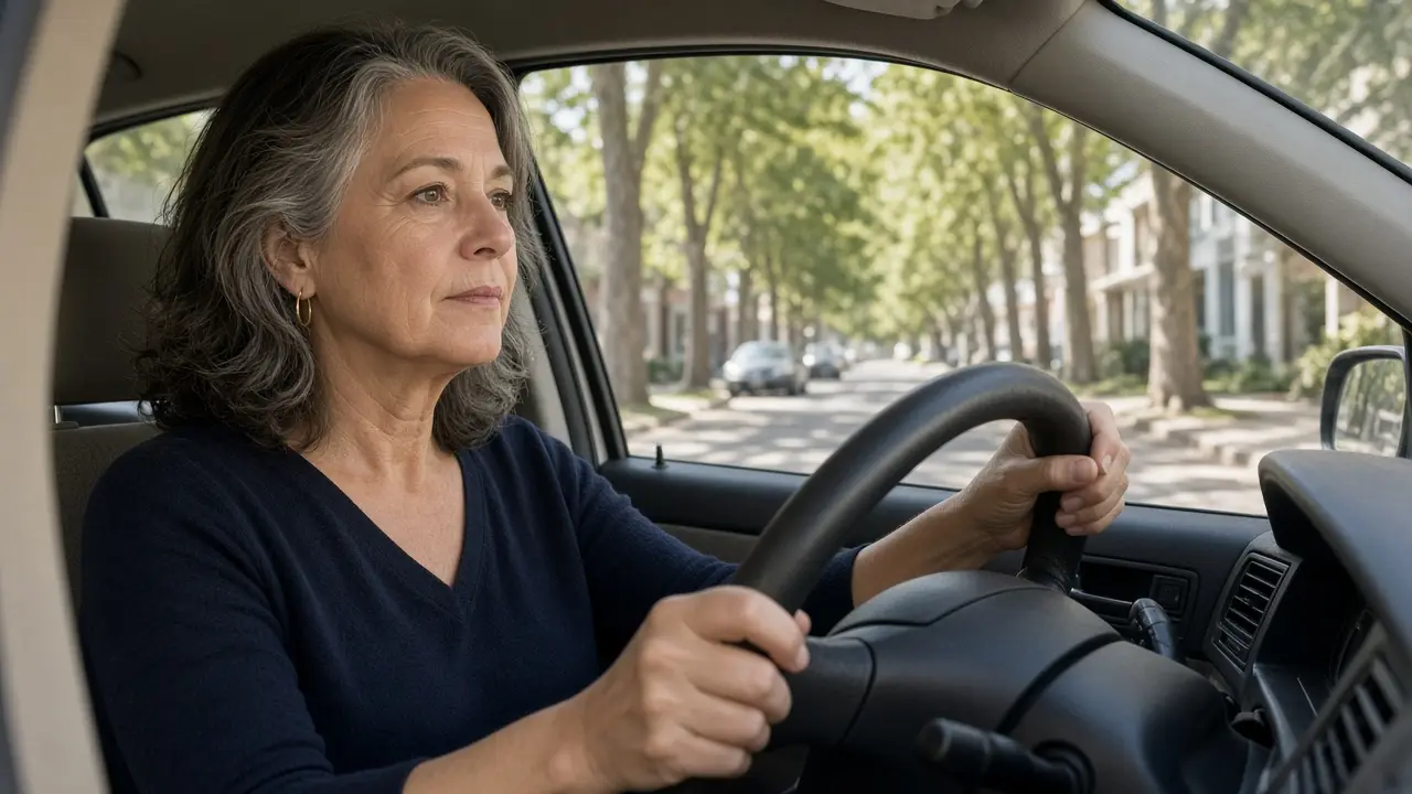 A woman about fifty-five drives a plain sedan on a residential street.