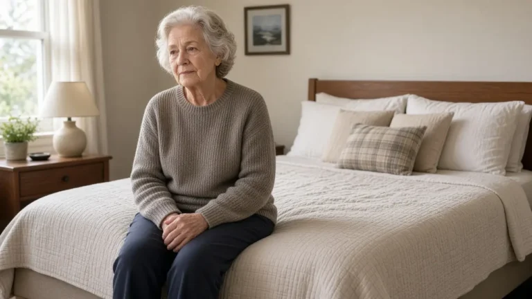 A woman about 76 sits on the edge of a made bed.