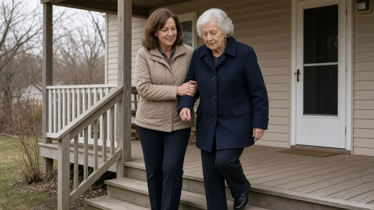 A woman about 54 steadies a woman about 78 on a porch step.