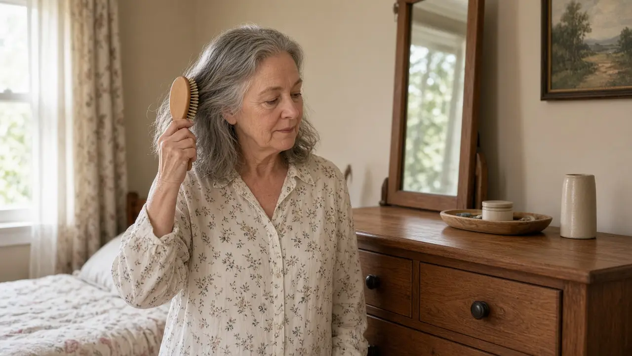 A woman about 68 brushes her hair at a wooden dresser.