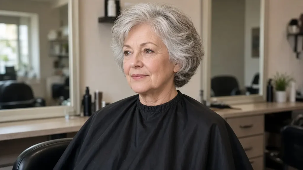 A woman about sixty-seven sits in a salon chair under a plain cape.
