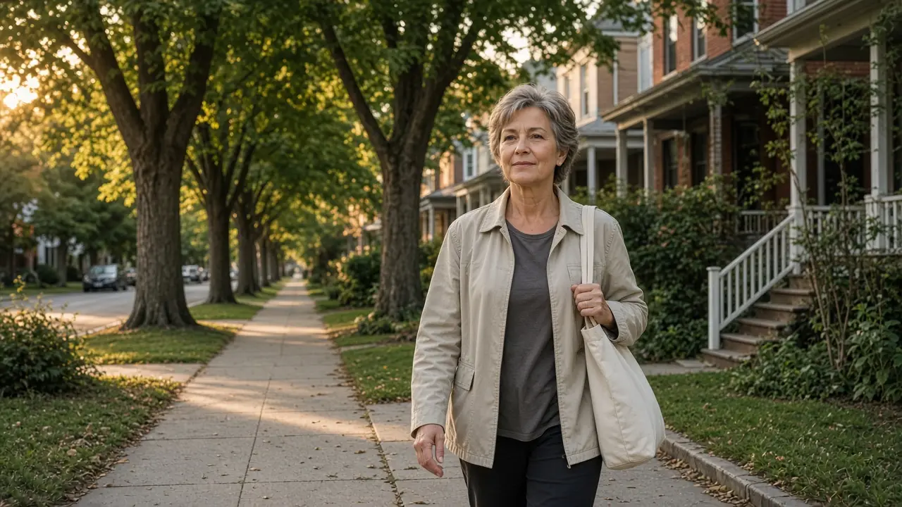 A woman about sixty-one walks a tree-lined block with a plain tote.