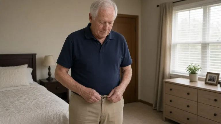 A man about 74 checks the waist of his khakis in a bedroom mirror.